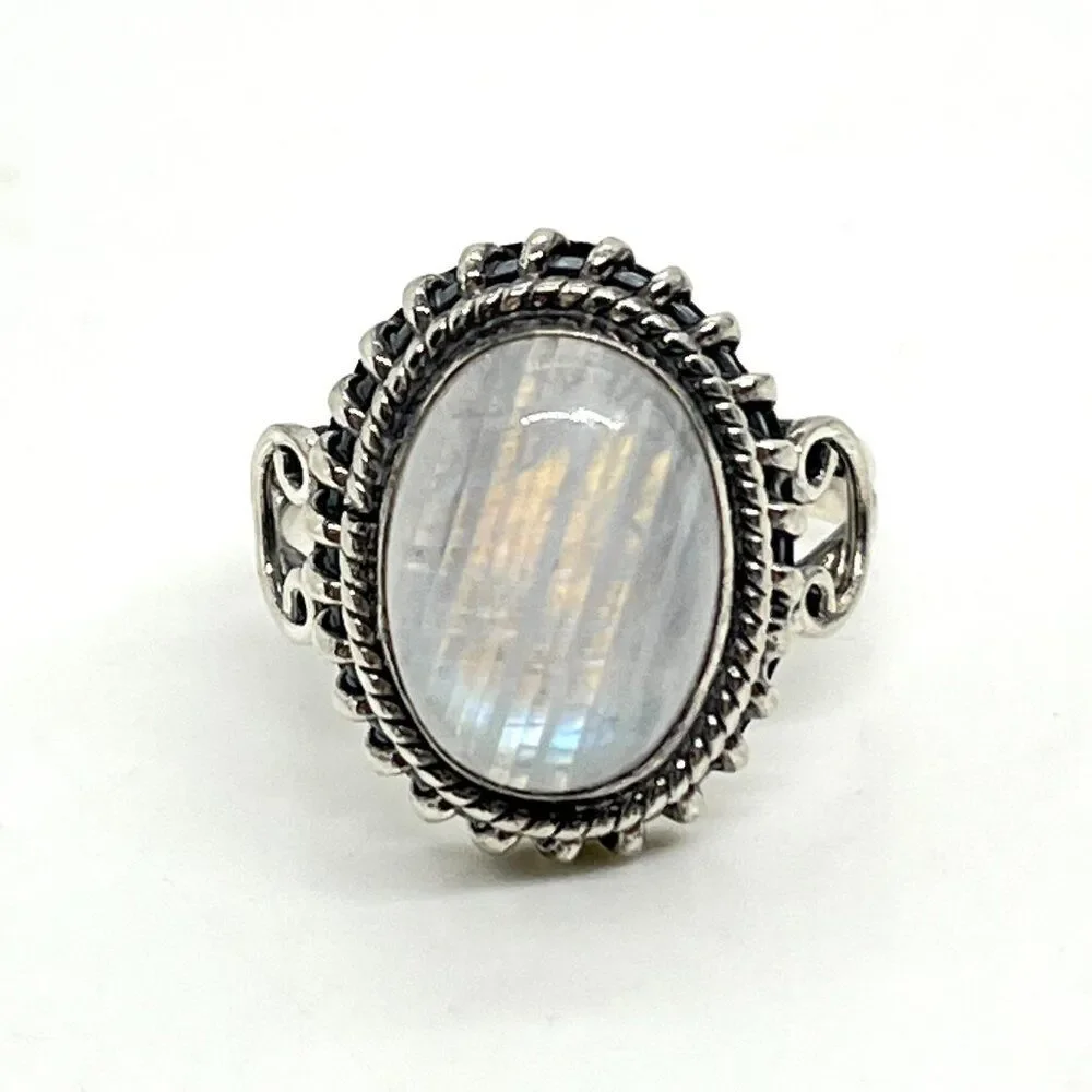 STERLING SILVER MOONSTONE Ring Oval Cabochon India  Signed Vintage Size 7.5